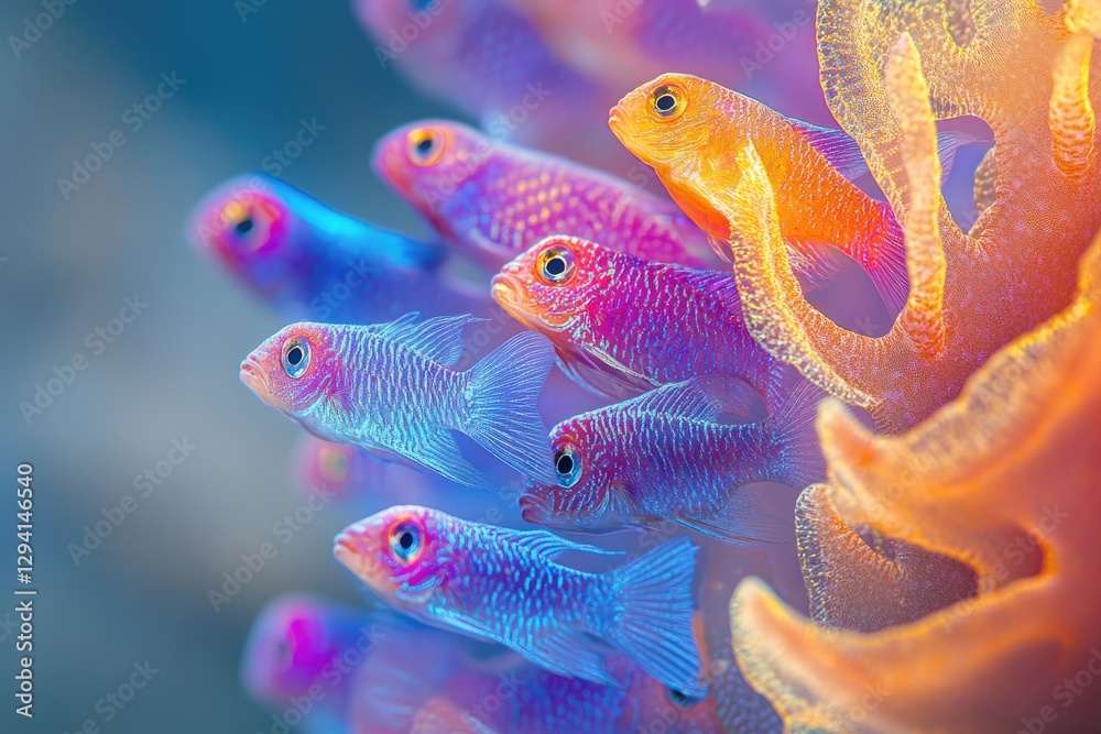 Fototapeta premium Vibrant, colorful reef fish school swimming near orange coral.