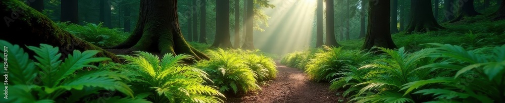 Obraz premium Misty trail winds through lush Pacific Northwest forest, sunlight dappling ferns , scenic, calm