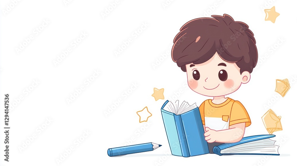 Child reading book, illustration, education, happy Child reading book, illustration, education, happy