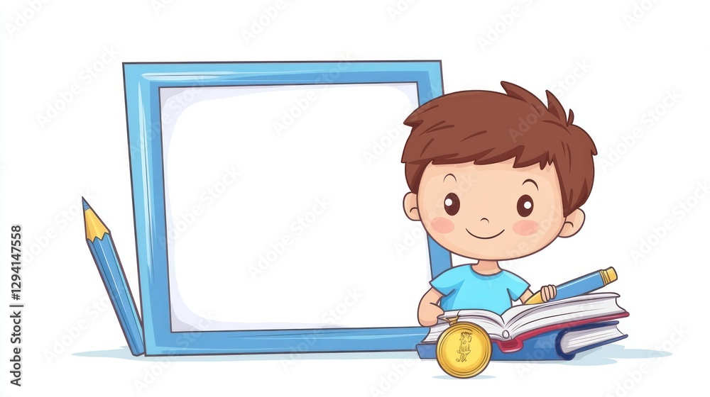 Child reading near frame, school supplies, concept Child reading near frame, school supplies, concept