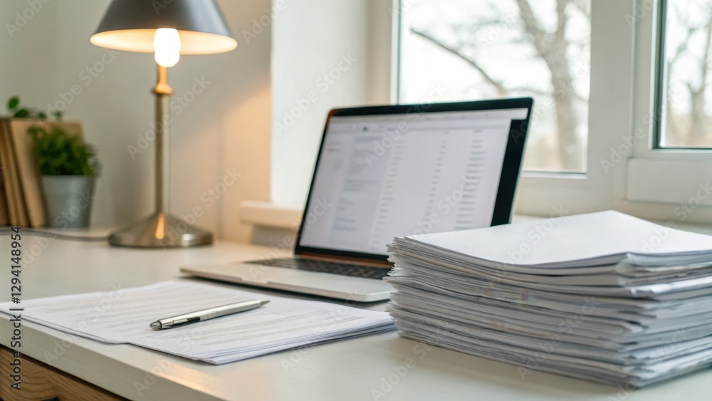 Workplace Oasis: An organized workspace featuring a laptop, documents, a pen, and a desk lamp, bathed in natural light, inspiring productivity. Workplace Oasis: An organized workspace featuring a laptop, documents, a pen, and a desk lamp, bathed in natural light, inspiring productivity.