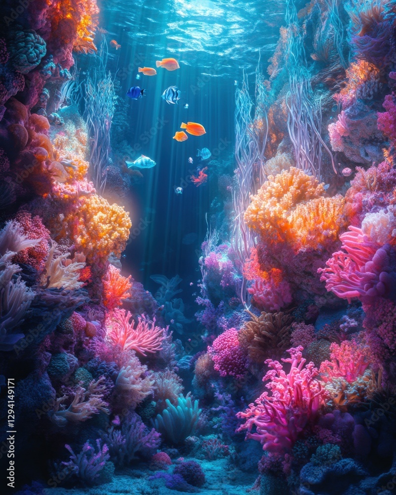 A dreamlike underwater world where coral formations shimmer with radiant colors, and glowing fish swim gracefully