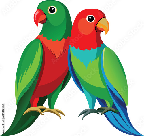 Male and Female Eclectus Parrots perching in front of white background vector art illustration