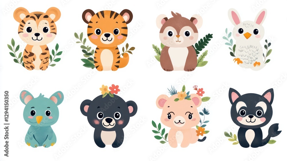 Obraz premium Cute cartoon animals, flowers, leaves, children's book illustration, background image, poster design