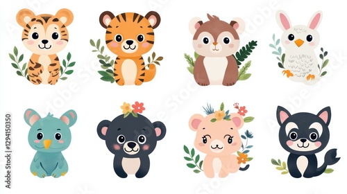 Cute cartoon animals, flowers, leaves, children's book illustration, background image, poster design