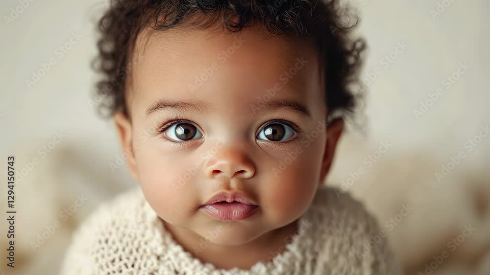 Close-up portrait of cute african american baby with focus on big brown clear eyes on white background, little child Close-up portrait of cute african american baby with focus on big brown clear eyes on white background, little child