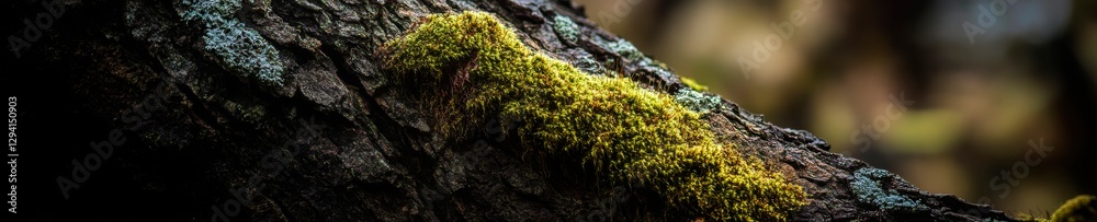 Vibrant green moss thrives on a textured tree bark in a shady forest ecosystem. Vibrant green moss thrives on a textured tree bark in a shady forest ecosystem.