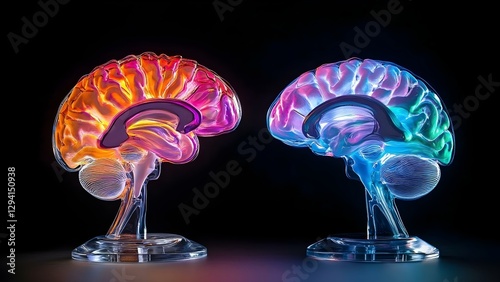 Two intricately designed brain sculptures illuminated in vibrant colors, showcasing artistic and anatomical details. Concept Intricate Brain Sculptures, Vibrant Color Illumination, Artistic Anatomy photo