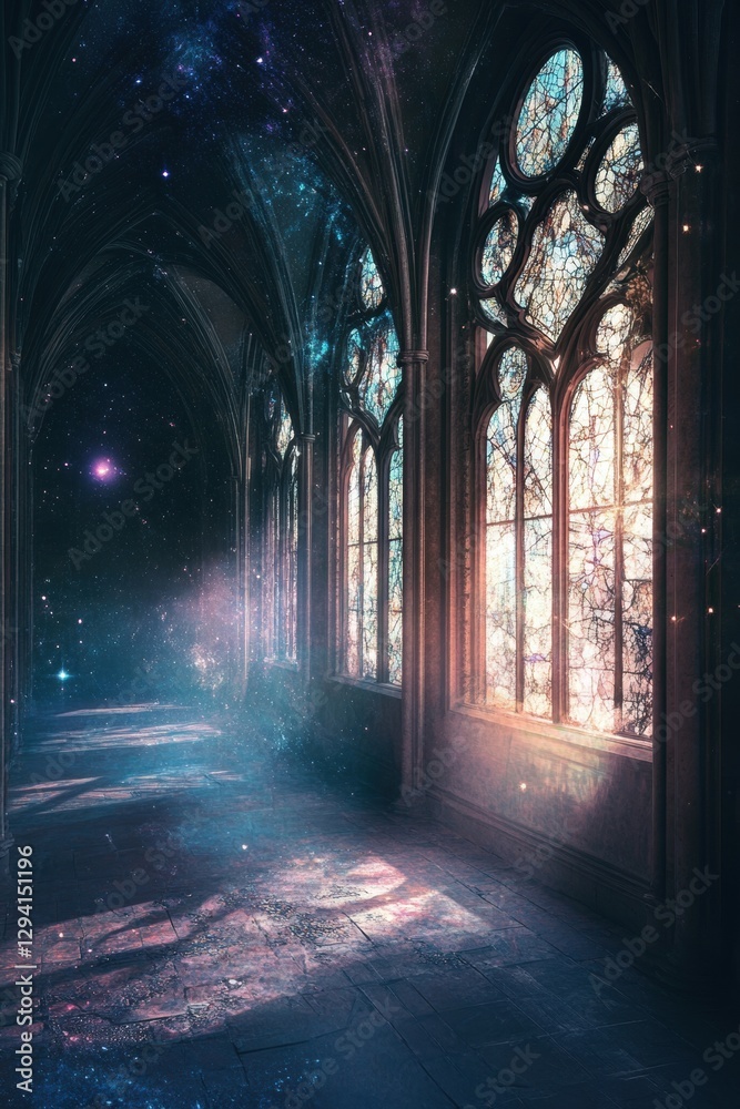 Obraz premium A forgotten divine palace shrouded in cosmic mist, shattered stained-glass windows reflecting distant stars