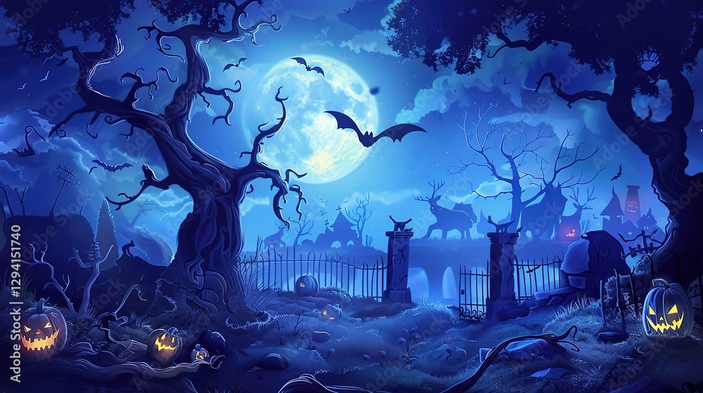 Obraz premium Enchanted Halloween Magic Forest at Night, Spooky Dark Woods with Glowing Pumpkins, Witchy Moonlit Scene, Mystical Background for Party Invitations, Digital Art