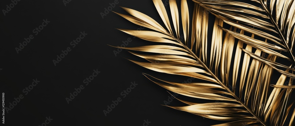 Fototapeta premium Golden palm leaves on a black background creating a luxurious and elegant design for tropical themes, summer decorations, or interior design concepts.