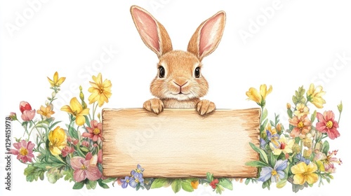Cute rabbit holding blank sign surrounded by flowers. Possible use children's book illustration