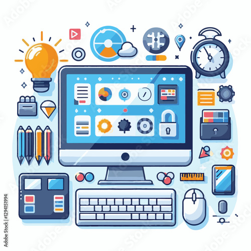 computer, technology, digital, business, communication, laptop, tech, device, design, pc, work, internet, office, web, desktop, monitor, employee, information, modern, data, electronic, vector, backgr