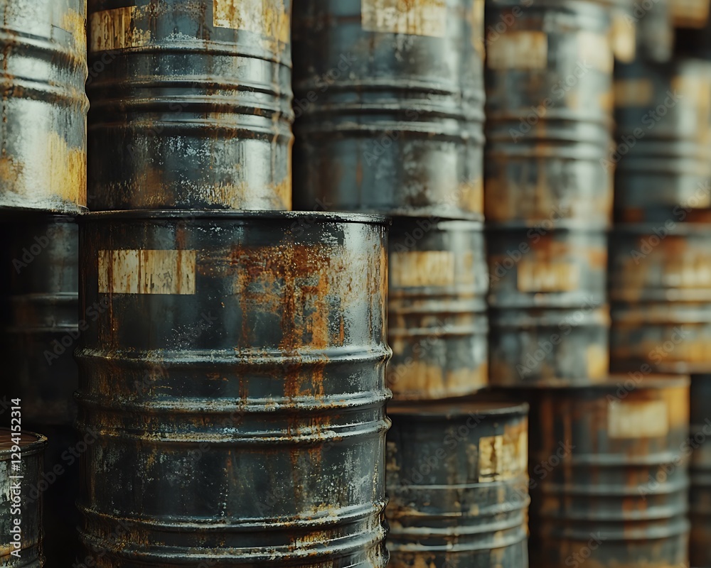 Old metal barrels stacked in a messy industrial fashion Old metal barrels stacked in a messy industrial fashion