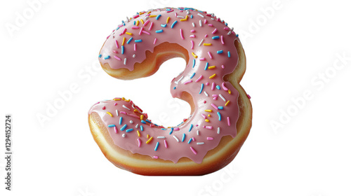 A pink number 3 covered with colorful sprinkles, resembling a donut, perfect for birthday celebrations or festive events. This image is ideal for content related to parties, milestones, and sweet trea