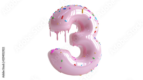 A pink number 3 covered with colorful sprinkles, resembling a donut, perfect for birthday celebrations or festive events. This image is ideal for content related to parties, milestones, and sweet trea