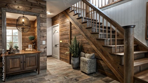 A cozy interior featuring wooden stairs, warm tones, and natural elements, creating an inviting home atmosphere.