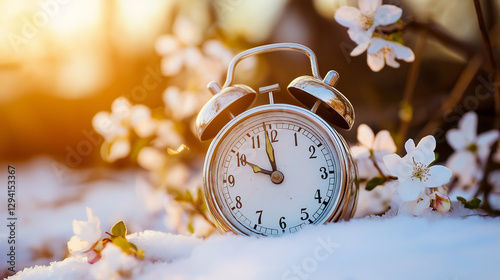 A vintage alarm clock sitting in the snow with flowers and a soft sunrise in the background, symbolizing the passage of time.