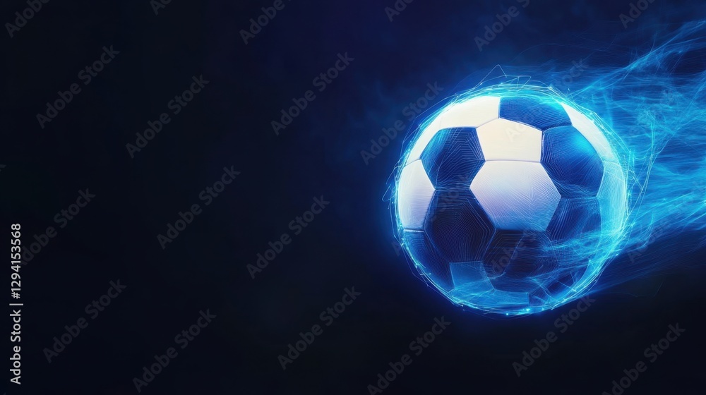 Fototapeta premium A glowing soccer ball is depicted in motion, creating a dynamic and energetic visual effect against a dark background.
