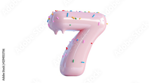 A pink number 7 topped with colorful sprinkles, perfect for birthday parties and special celebrations. This image is great for milestone events and fun birthday themes.