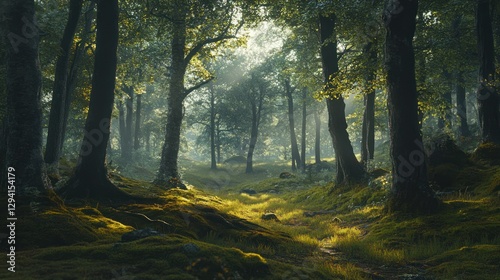 Sunlit Path Through a Mystical Forest photo