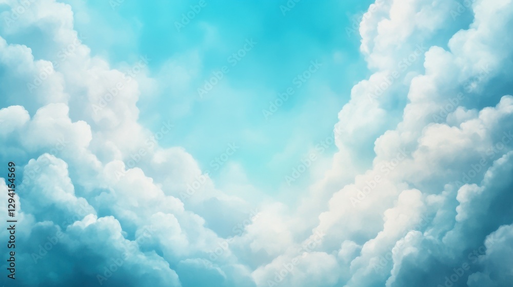 Fototapeta premium Soft, fluffy clouds float against a bright blue sky, creating a serene and tranquil atmosphere.