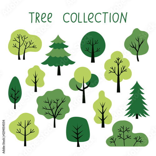 Vector trees set, isolated on a white background. Simple and flat design. Elements for a poster, banner, or card. Forest landscape. Trees icons 