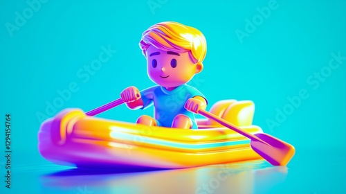 A white teen rowing in a small scull boat on a calm lake Plastic-like 3D cartoon style illustration.