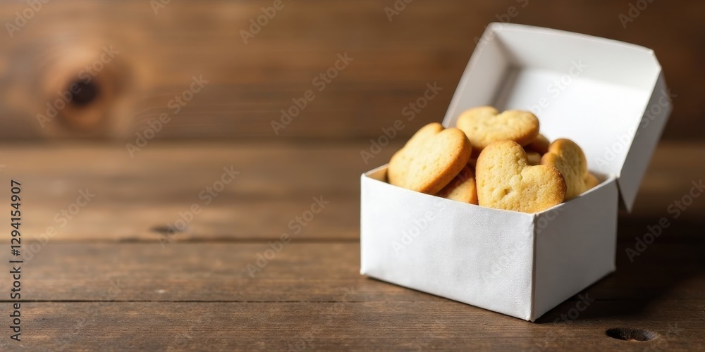 A delightful assortment of heart-shaped cookies nestled within a pristine white gift box, resting on a rustic wooden surface. A delightful assortment of heart-shaped cookies nestled within a pristine white gift box, resting on a rustic wooden surface.