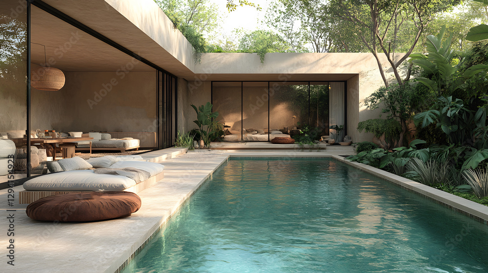 Fototapeta premium Modern boho terrace with elegant neutral tones, textured walls, and a sparkling pool, 3D rendering, 8K