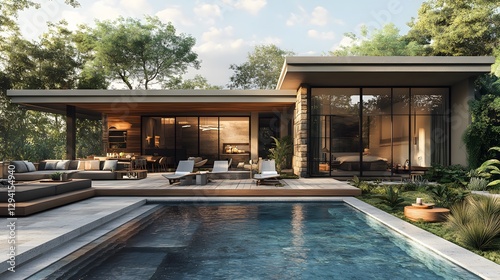 Wallpaper Mural Serene villa with an open-air terrace, a wooden pergola, and a stunning natural stone pool, 3D rendering, 8K Torontodigital.ca