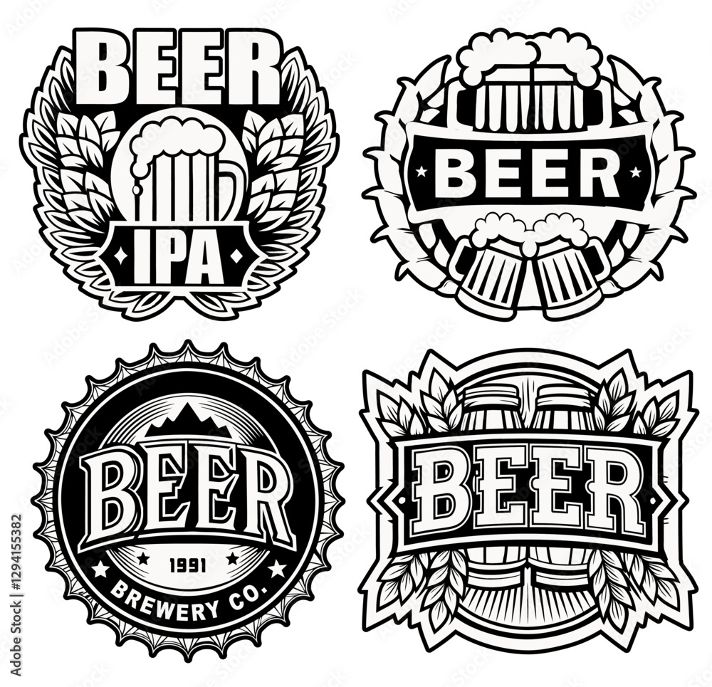 Beer logo set with frothy mugs, golden wheat stalks for beer industry and brewery branding and handcrafted brews. Beer emblem for bar