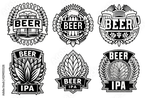Vibrant logo collection showcasing beer mugs, wheat, hops, toasting moments highlighting craft brewery, bar branding with ipa inspired graphic design elements