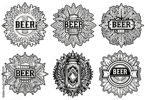 Craft beer logo set with frothy mugs, golden wheat, decorative ribbons, representing brewing artistry for beer industry and brewery branding and handcrafted brews. Beer emblem for bar