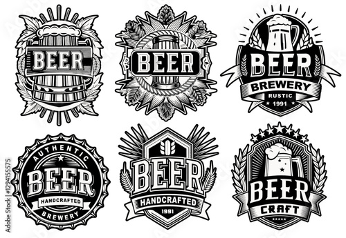 Set of vintage beer logos with beer cap, mugs, barrels, brewery emblems and other beer related elements for beer industry and brewery branding and handcrafted brews