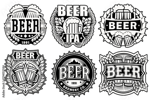 Set of vintage beer logos with beer cap, mugs, barrels, brewery emblems and other beer related elements for beer industry and brewery branding and handcrafted brews