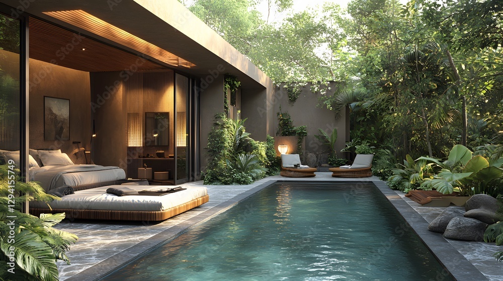 custom made wallpaper toronto digitalMinimalist boho-inspired terrace with natural textures, a bamboo daybed, and a peaceful swimming pool, 3D rendering, 8K