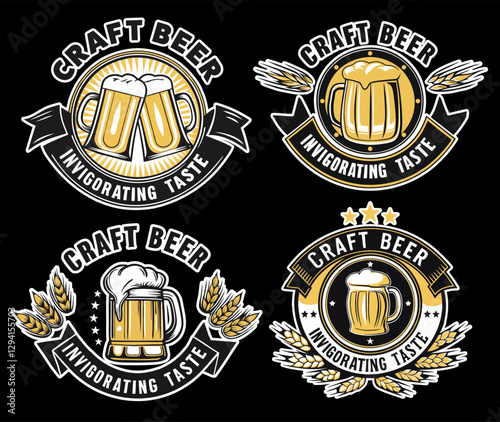 Craft beer logo set with frothy mugs, golden wheat, decorative ribbons, representing brewing artistry for beer industry and brewery branding and handcrafted brews. Beer emblem for bar
