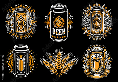 Collection of vintage beer logos, set of craft beer elements: wheat, beer can and barrel for beer industry and brewery branding and handcrafted brews. Beer emblem for bar