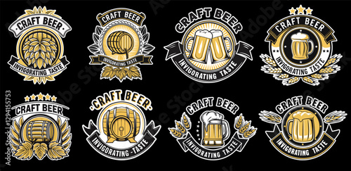 Collection of vintage beer logos, set of craft beer elements: wheat, beer can and barrel for beer industry and brewery branding and handcrafted brews. Beer emblem for bar