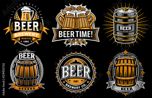 Set of vintage beer logos with beer cap, mugs, barrels, brewery emblems and other beer related elements for beer industry and brewery branding and handcrafted brews