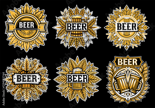 Craft beer logo set with frothy mugs, golden wheat, decorative ribbons, representing brewing artistry for beer industry and brewery branding and handcrafted brews. Beer emblem for bar