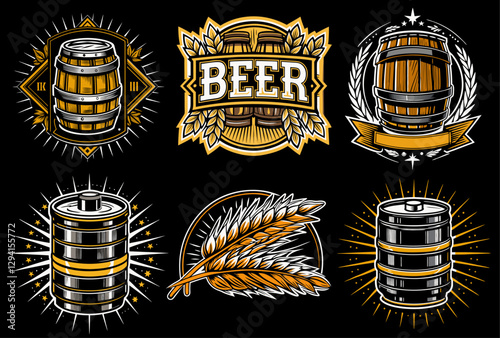 Beer logo collection with wooden barrel, beer keg, wheat, ribbons, geometric elements for beer industry and brewery branding and handcrafted brews. Beer emblem for bar