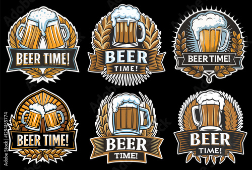 Vintage craft beer logo set featuring frothy mugs, golden hop cones, and wheat stalks for beer industry and brewery branding and handcrafted brews. Beer emblem for bar