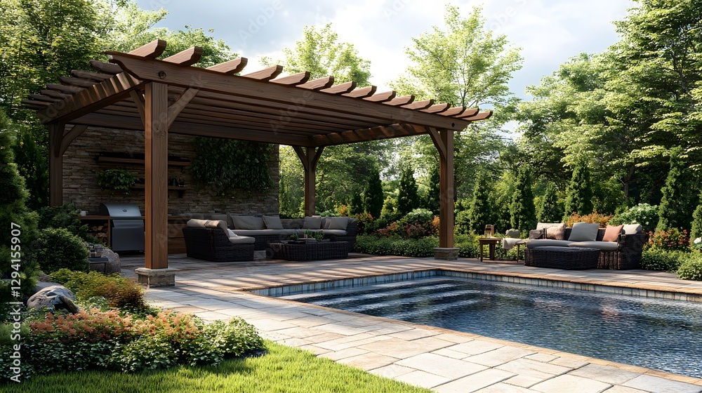 Cozy bohemian poolside terrace with natural stone flooring, earthy colors, and a wooden pergola, 3D rendering, 8K Cozy bohemian poolside terrace with natural stone flooring, earthy colors, and a wooden pergola, 3D rendering, 8K