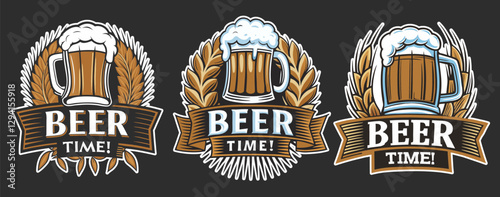 Craft beer logo set with frothy mugs, golden wheat, decorative ribbons, representing brewing artistry for beer industry and brewery branding and handcrafted brews. Beer emblem for bar