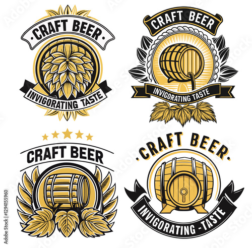 Craft beer logo set with wooden barrels and hops for brewery branding and handcrafted brews. Beer emblem for bar