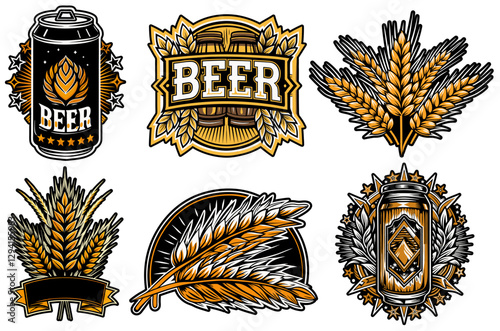 Collection of vintage beer logos, set of craft beer elements: wheat, beer can and barrel for beer industry and brewery branding and handcrafted brews. Beer emblem for bar