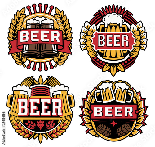 Craft beer logo set with frothy mugs, golden wheat, decorative ribbons, representing brewing artistry for beer industry and brewery branding and handcrafted brews. Beer emblem for bar