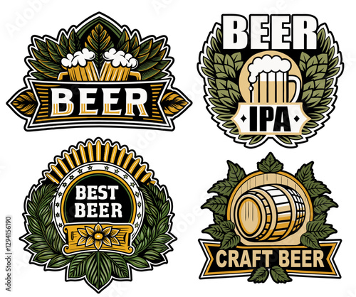 Craft beer logo set with mugs full of foamy beer, wooden barrels and hop cones for brewery branding and beverage graphics.